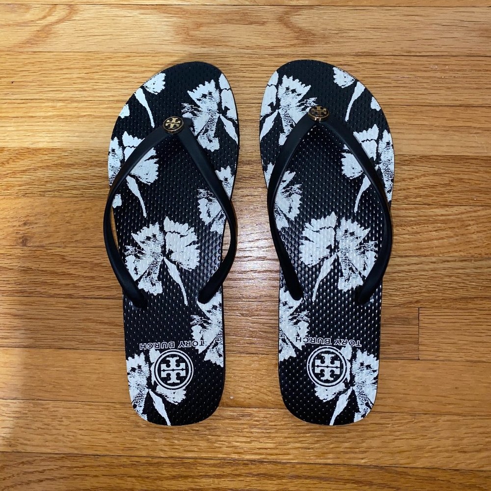 Tory Burch Black & White Floral Flip Flops, Size 9